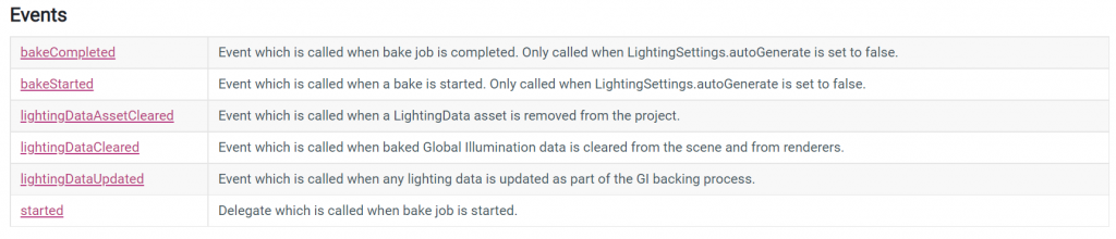 Screenshot of Unity's Lightmapping api events.