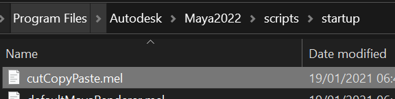 Screenshot of windows explorer showing the file-path to Maya's cutCopyPast.mel file.
The path reads
Program Files\Autodesk\Maya2022\scripts\startup