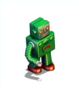 Loop of a green robot short circuiting before it's head pops off, leaving a comedy spring in its place