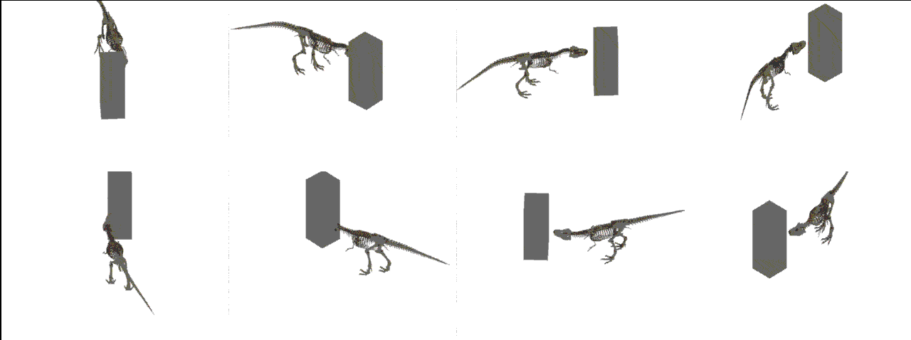 Looping animated gif of a CG t-rex skeleton performing a tail-strike attack against a grey block from 8 different directions