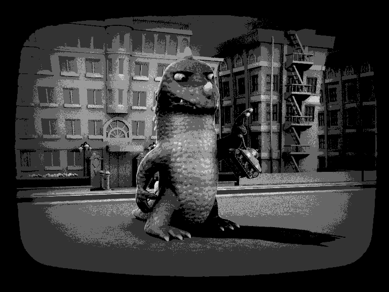 Black and white, heaviliy vignetted clip of a giant bi-pedal lizard delicately holding a tank by it's barrel, and flicking it into it's mouth. It proceeds to chew, and swallow the tank.