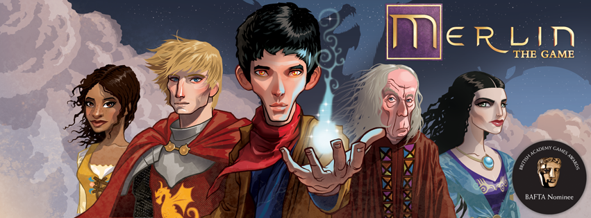 2D illustrated image showing a stylised rendition of the cast of BBC's Merlin. 

In the top right, the game's log, and the bottom right a "BAFTA Nominee" badge.