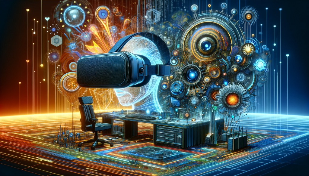 Generative AI image showing an orange and blue abstract scene. On the left, an implausible wireframe mesh wearing a very generic-looking VR headset with an orange abstract background. On the right, a selection of cogs with circuitry and lighting to evoke the sense of a highly advanced machine. This is set on a blue backdrop.

The whole image hangs over a desk I wish I had the space for in my office.
